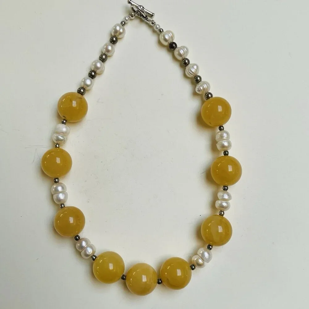 Butterscotch Amber Pearl Necklace Choker Statement Handmade Party Wedding